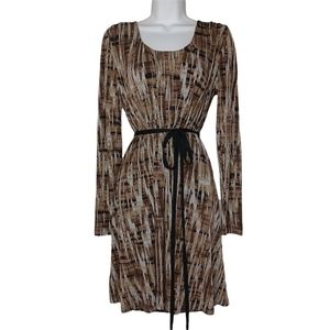 SIMPLY VERA Vera Wang Brown Tan Print Long Sleeve Ribbon Belt Midi Dress Small